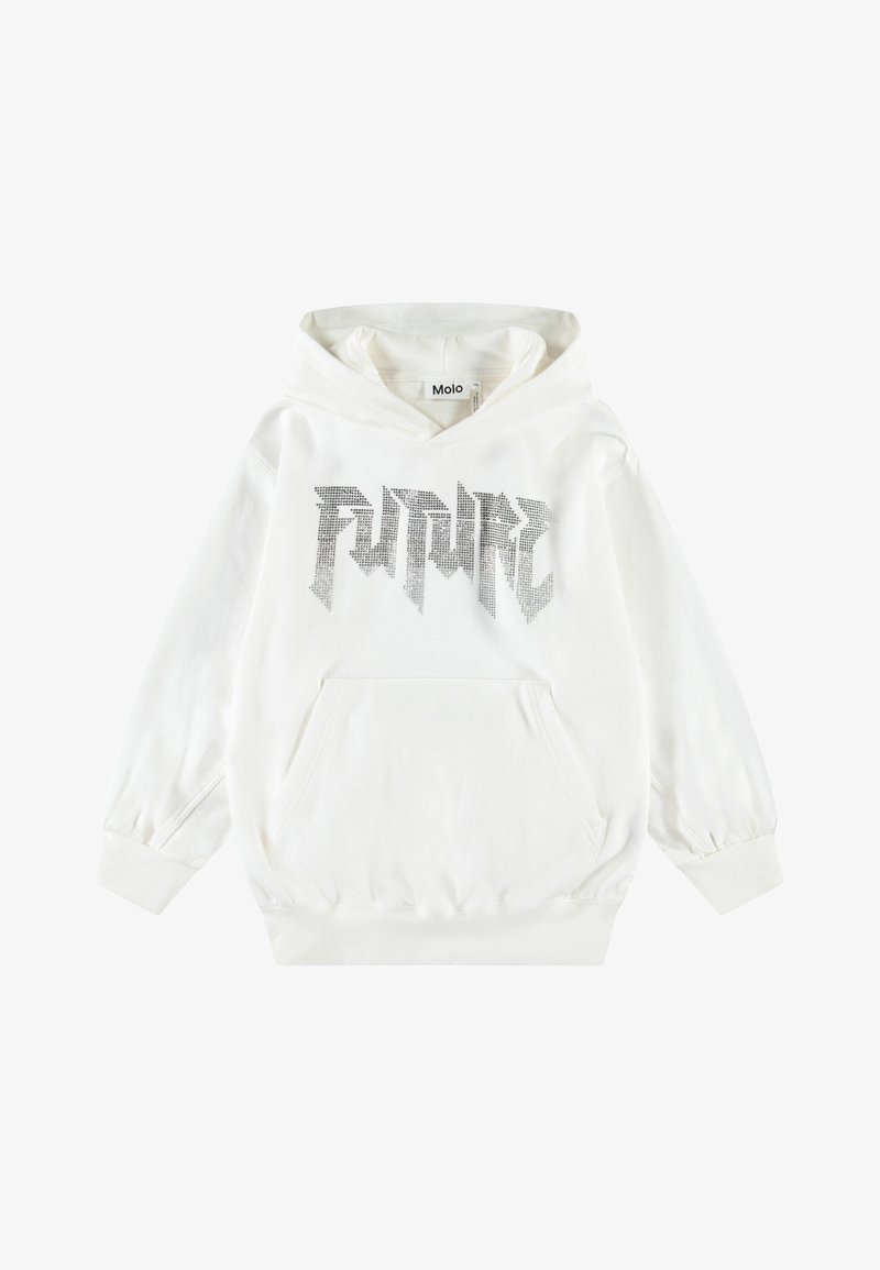 Sweat-shirt à capuche blanc avec manches longues, poche avant et grand motif "FUTURE" en argent métallique. Tissu doux avec poignets et ourlet côtelés.