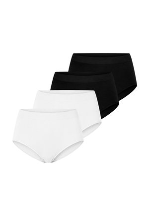Deux culottes taille haute pour femmes, deux noires et deux blanches, disposées en rangée décalée sur un fond blanc.