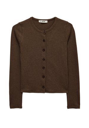 Bruine cardigan met lange mouwen, ronde hals en een rij van zeven knopen aan de voorkant, gemaakt van gebreide stof.