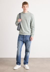 Felpa verde chiaro con scollatura rotonda, abbinata a jeans blu e sneakers bianche. Il modello tiene una borsa a tracolla grigia.