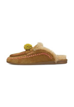 Brown suede slip-on slipper with yellow pom-pom, pink stitching, and beige fur lining on a flat sole.