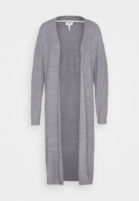 Cardigan long à ouverture avant en maille gris moyen. Présente des manches longues et une texture côtelée. Sans fermetures, finition lisse, design léger.