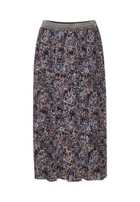 Maxikjol med ett svart och vitt abstrakt mönster, som har nyanser av blått och orange. Elastisk midja med en grå skimrande detalj.