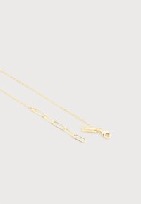 Λεπτό χρυσό κολιέ με μικρό κούμπωμα καβουράκι και κοντή αλυσίδα προέκτασης με επιμήκη οβάλ συνδέσμους σε απλό φόντο.