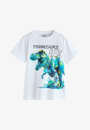 Weißes Baumwoll-T-Shirt mit einem bunten Tyrannosaurus Rex-Design. Das Design beinhaltet blaue, grüne und gelbe Akzente sowie kräftigen Text.