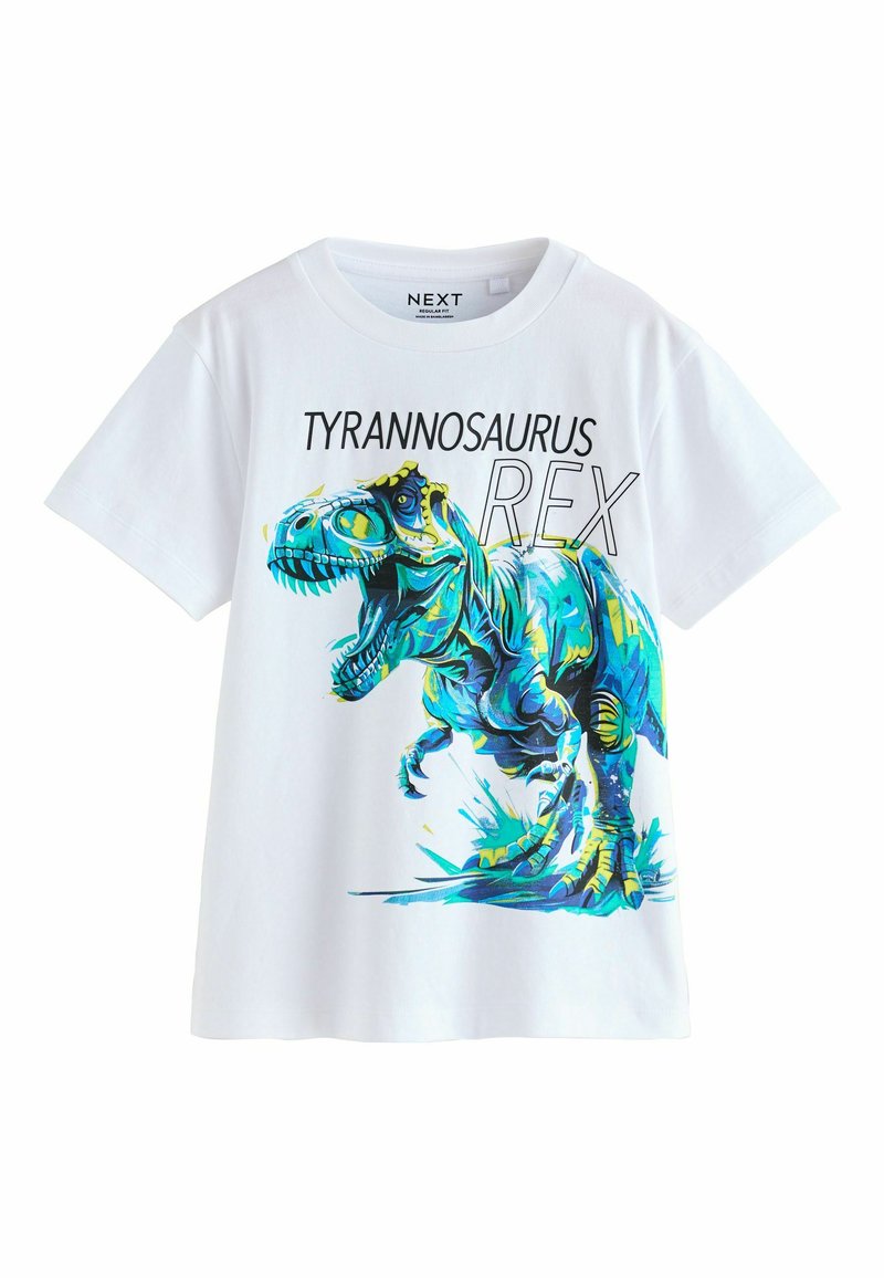 Vit bomulls T-shirt med en färgglad Tyrannosaurus Rex-grafik. Designen inkluderar blå, gröna och gula accenter med fet text.