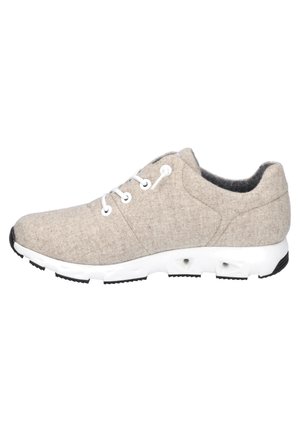 Beige felt sneakers with white laces, rounded toe, black sole, and textured upper. Features reinforced stitching and a cushioned heel.