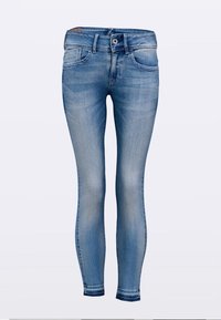 Világoskék farmer anyagból készült halálra szűkített farmernadrág, öt zsebbel, gombos záródással, enyhén kifakult szövettel és varrott szegélyekkel.