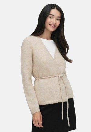 Beige ullblandad cardigan med V-ringning, långa ärmar och ett knytbälte i midjan. Mjuk textur med ribbad nederkant och ärmslut.