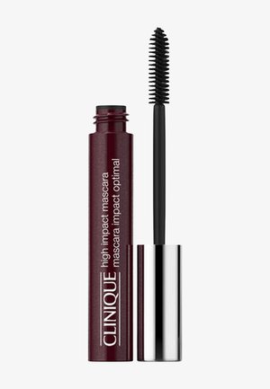 Clinique High Impact mascara i en dyp bourgogne tube med sølvdetaljer; inkluderer en svart bustehåndtak for påføring.