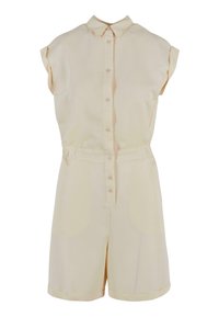 Beige kortermet jumpsuit med krage, frontknapper, elastisk midje og sidelommer. Glatt stoff med en subtil glans.