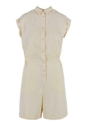 Beige kortärmad byxdress med krage, framknappar, elastisk midja och sidofickor. Snyggt tyg med en subtil lyster.