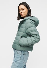 Ανοιχτό πράσινο μπουφάν με κουκούλα, με διαγώνιες ραμμένες ενότητες, φερμουάρ μπροστά και τσέπες στα πλάγια.