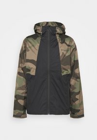 Camouflage waterproof jacket featuring a black front panel, adjustable hood, and zippered pockets. Made of lightweight, durable material.