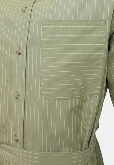 Camicia verde chiaro con strisce bianche verticali, chiusura con bottoni, taschino sul petto, e una cintura coordinata. Tessuto dalla consistenza liscia.