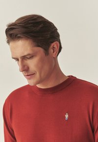 Pull rouge en maille avec un col rond et un petit motif brodé sur la poitrine. Texture lisse et design décontracté pour un porté confortable.
