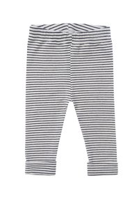 Striped leggings featuring a soft, elastic waistband; colors are white with thin navy horizontal stripes; cotton material; ankle-length design.