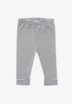 Gestreifte Leggings mit einem weichen, elastischen Bund; Farben sind Weiß mit dünnen marineblauen horizontalen Streifen; aus Baumwollmaterial; knöchellange Ausführung.