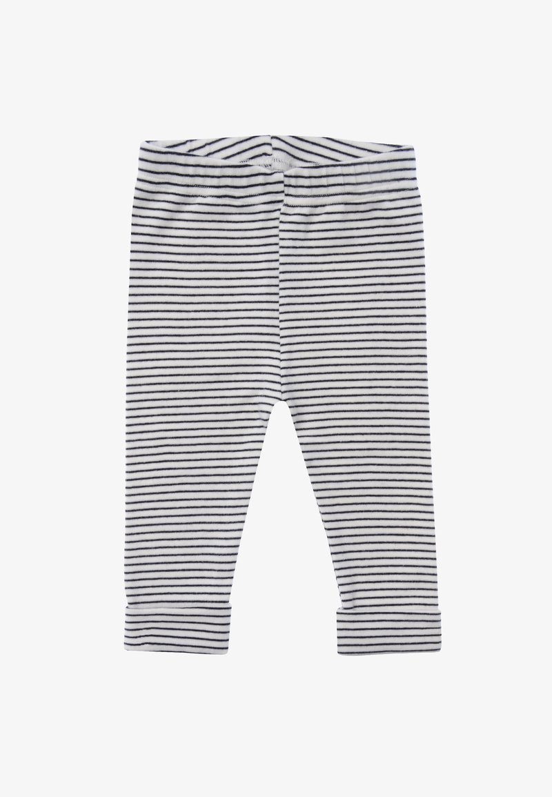 Gestreifte Leggings mit einem weichen, elastischen Bund; Farben sind Weiß mit dünnen marineblauen horizontalen Streifen; aus Baumwollmaterial; knöchellange Ausführung.