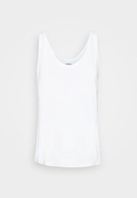 White sleeveless tank top with scoop neckline in a plain design on a light gray background.