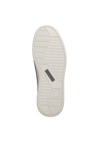 Schwarze Sneaker-Sohle mit weißem Gummi-Außensohle. Verfügbar mit strukturiertem Grip-Muster und einem rechteckigen grauen Etikett mit "Josef Seibel" und der Größe "42".