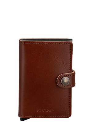 Portafoglio in pelle marrone con bordi cuciti e chiusura a bottone a scatto, compatto e progettato per contenere carte e contanti.