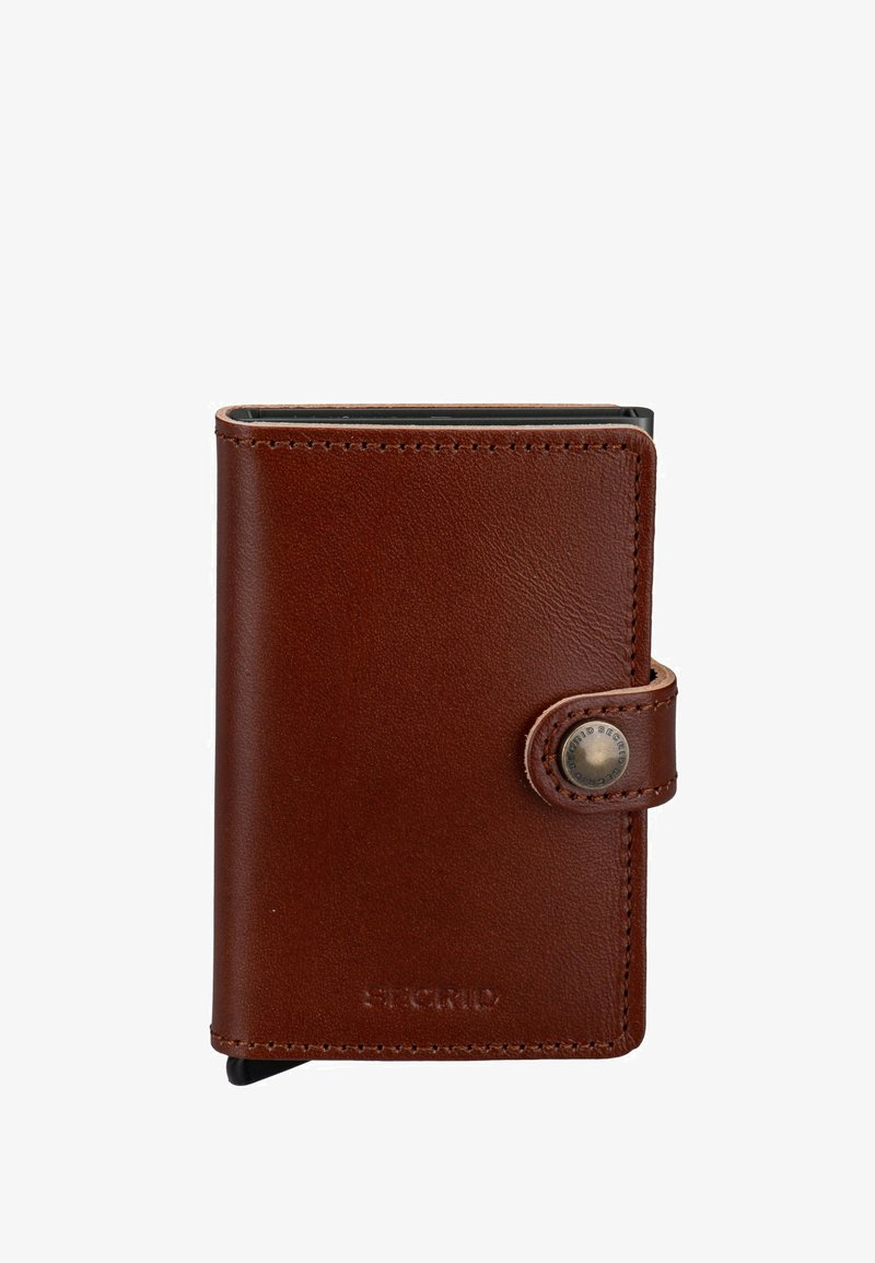 Portafoglio in pelle marrone con bordi cuciti e chiusura a bottone a scatto, compatto e progettato per contenere carte e contanti.