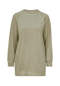 Felpa a maniche lunghe verde oliva realizzata in tessuto morbido e liscio. Presenta maniche raglan e un collo arrotondato con una vestibilità comoda.