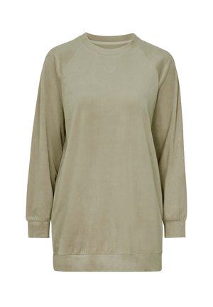 Olijfgroen sweatshirt met lange mouwen, gemaakt van zachte, gladde stof. Heeft raglanmouwen en een ronde halslijn met een relaxte pasvorm.