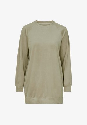 Sudadera de manga larga de color verde oliva, hecha de un tejido suave y liso. Presenta mangas raglán y un escote redondeado con un ajuste holgado.