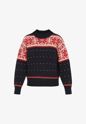 Tumed sinise nööriga kampsun kõrge kaelusega, millel on punased ja kreemjad geomeetrilised mustrid ning valged täpid allosas.