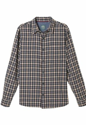 Karierter Flanellhemd mit einem Navy-, Beige- und Brauntönen Plaid-Muster, langen Ärmeln, Knopfleiste, Kragen und einer einzelnen Brusttasche.