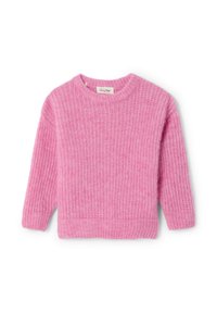 Ružová pletená mikina s texturovaným, ryhovaným dizajnom. Má okrúhly výstrih a dlhé rukávy, vyrobená z mäkkého, nadýchaného materiálu.