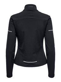 Zwarte lange mouwen jas met een hoge kraag, gladde textuur, reflecterende accenten op de mouwen en onderrug. Minimalistisch ontwerp, zonder patronen.