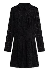 Svart spetsklänning med långa ärmar, krage, knäppning framtill och blommönster. Texturerat tyg med en figurnära överdel och vid kjol.
