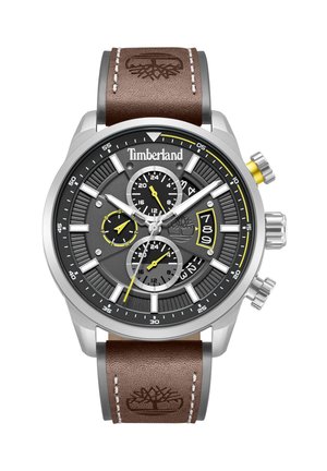 Timberland herreur med kronograf, brun læderrem, grå urskive, gule detaljer, tre underskiver og datovisning ved kl. 3.