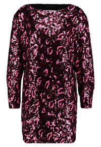 Haut à sequins noirs avec motif léopard rose, manches longues, encolure ronde et silhouette décontractée. Texture brillante sur toute la surface.