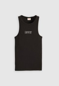 Musta ribattu hihaton paita, jossa on valkoinen "LEVI'S"-logo keskiössä rinnassa, asetettuna litteäksi vaaleaa taustaa vasten.