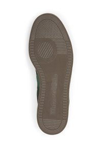 Schuhsohle aus einem strukturierten braunen Gummimaterial. Verfügt über Zickzack- und kreisförmige Muster, mit "Marc O'Polo" am Absatz geprägt. Größe 42.
