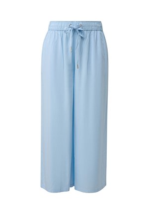 Light blue wide-leg pants with elastic waistband and drawstring tie, featuring side pockets and a relaxed fit.