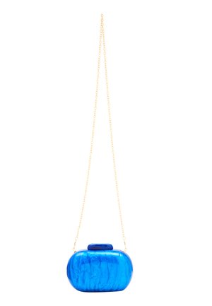 Blå marmorering akryl clutch taske med en rund form, guld kædetræk og en lås med en glat, kontrasterende top.
