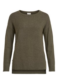 Pull en maille vert olive à manches longues avec un col rond et des poignets et ourlet côtelés, doté d'un ourlet arrière légèrement plus long.