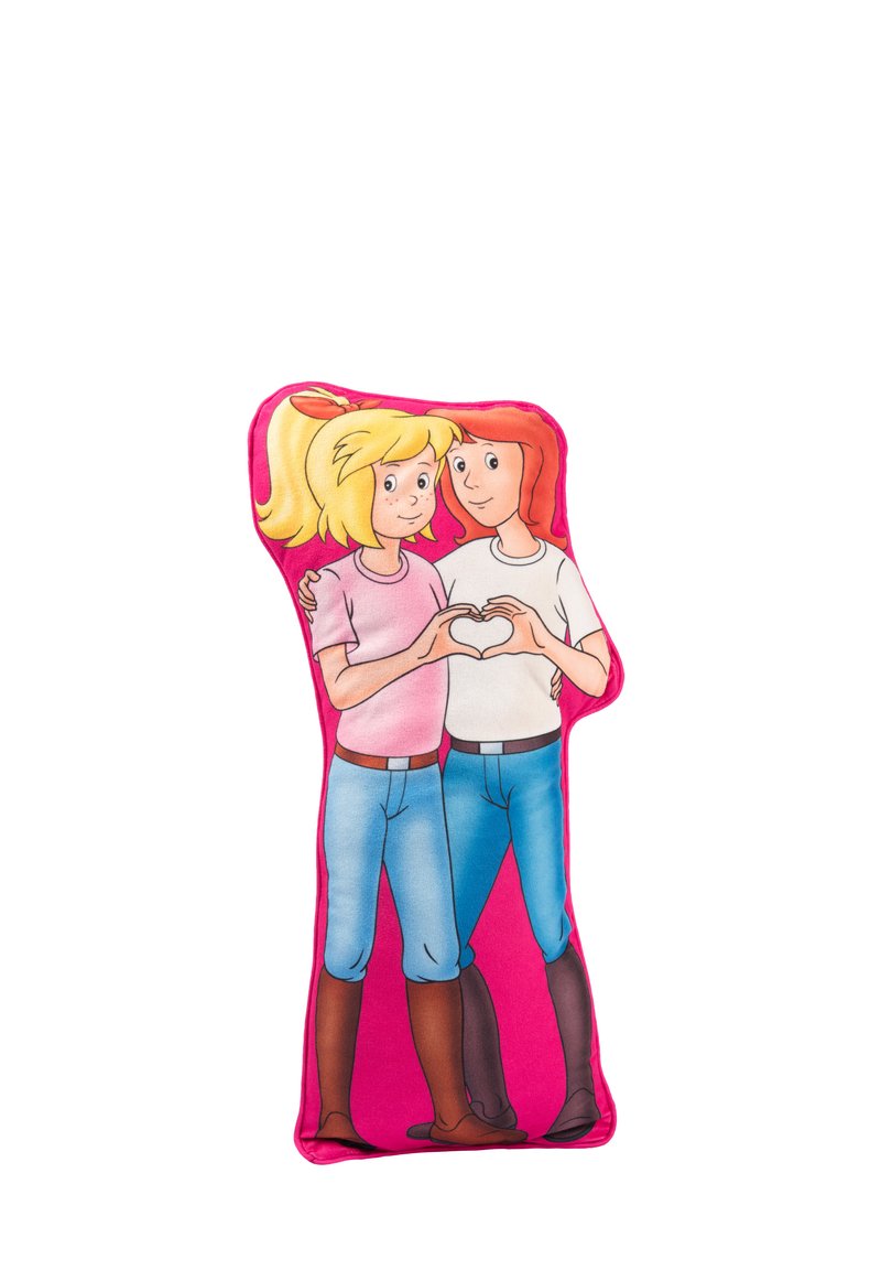 Cuscino morbido con due personaggi dei cartoni animati che si tengono per mano, stampato su uno sfondo rosa acceso. I personaggi indossano jeans e magliette.