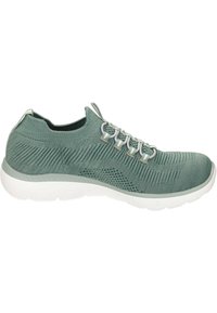 Baskets de sport vertes en tricot avec une tige texturée, semelle blanche et lacets réglables. Dotées d'un talon renforcé et d'un design respirant.
