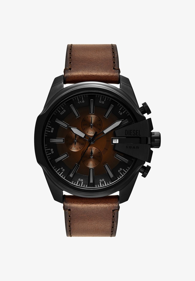 Men's Diesel wristwatch with black round case, brown gradient dial, chronograph subdials, date window, and brown leather strap.