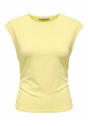 Bezrękawnik damski, jasnżółty, dopasowany, z okrągłym dekoltem i delikatnym marszczeniem po bokach.