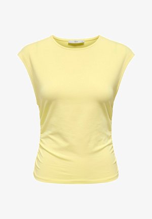 Bezrękawnik damski, jasnżółty, dopasowany, z okrągłym dekoltem i delikatnym marszczeniem po bokach.