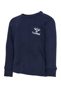 Navyblaues, geripptes Langarmshirt mit Rundhalsausschnitt und dem gestickten 'hummel'-Logo in Weiß auf der oberen linken Seite.