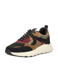Sporty sneaker featuring a mix of black suede and brown, red, and leopard-print textiles. Thick white sole with textured accents and black laces.