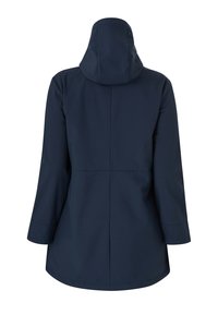 Granatowy, długi płaszcz przeciwdeszczowy z kapturem, widoczny od tyłu, o długości do połowy uda i prostych detalach szwów.